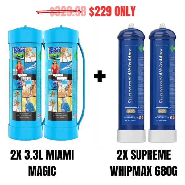 2 x mega 3.3l miami magic 2 x supremewhip max 11l tanks