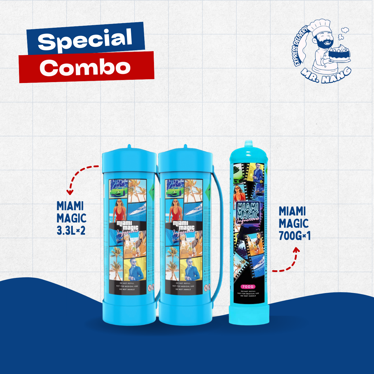 Special combo with two Miami Magic 3.3L cream charger tanks and one 700g charger