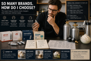 Expert comparing cream charger brands, cartridges and tanks for Australian kitchen use