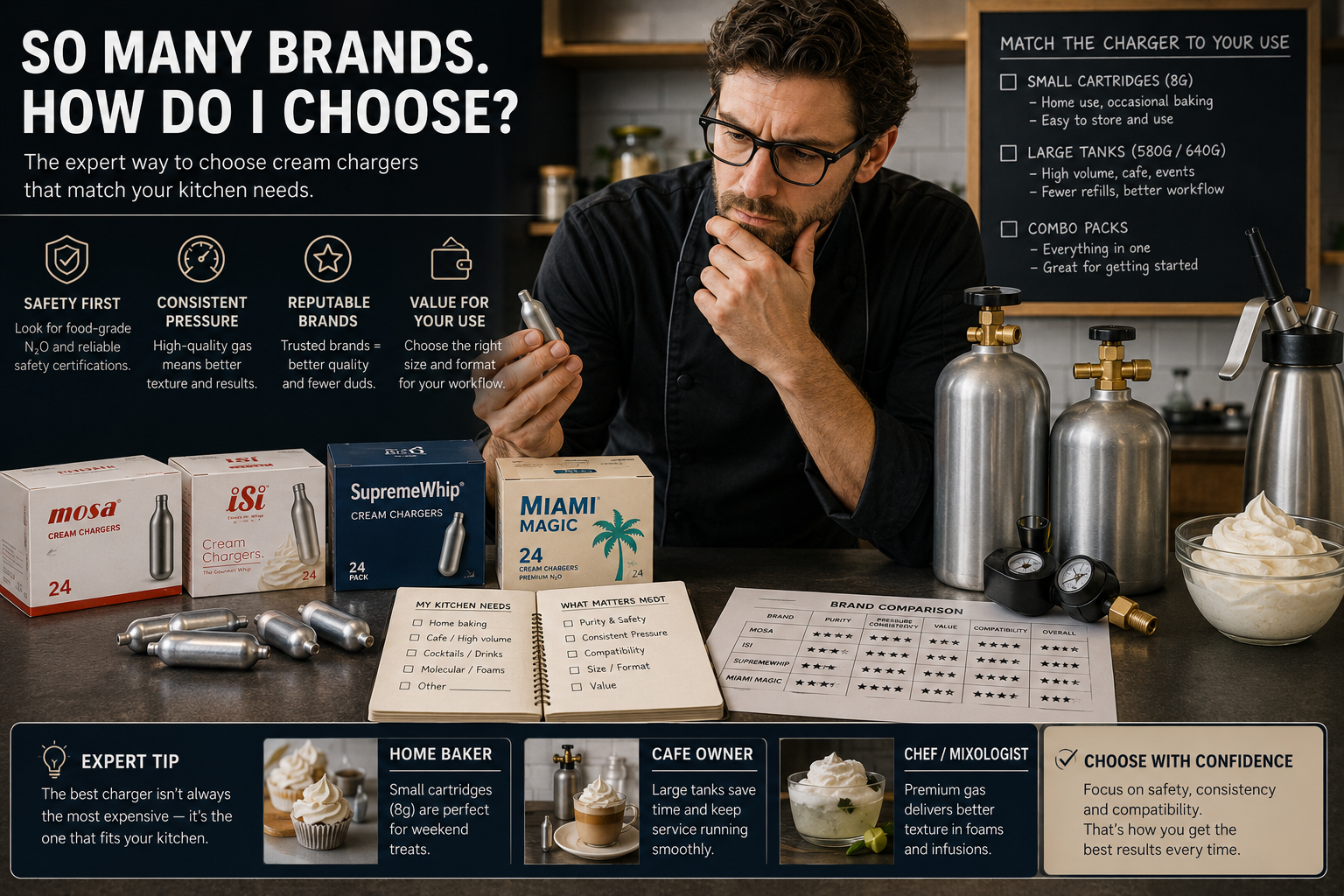 Expert comparing cream charger brands, cartridges and tanks for Australian kitchen use