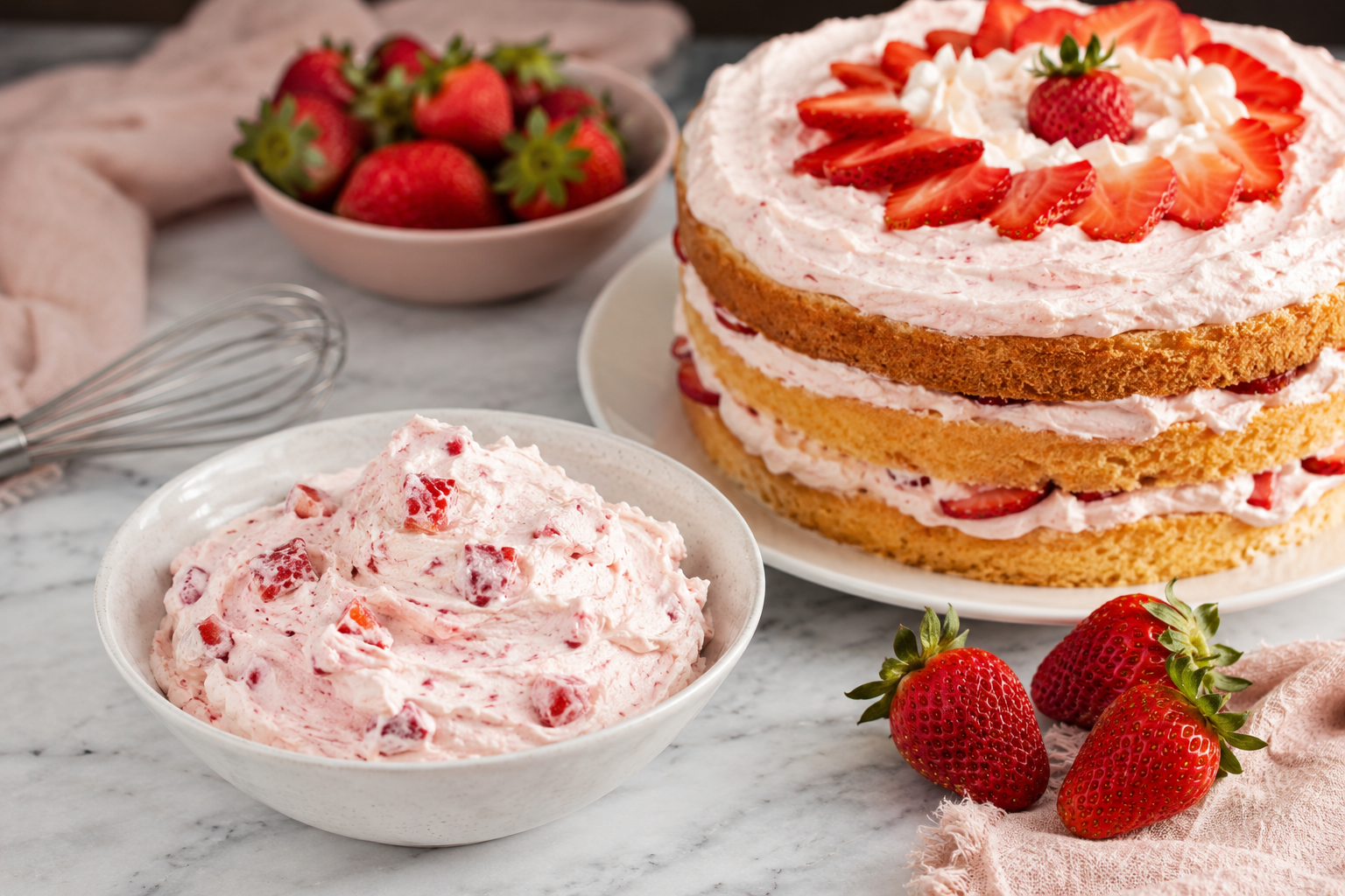 Strawberry cream dessert topping on fresh cake with strawberries and cream