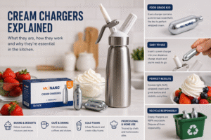 Cream chargers explained with whipped cream dispenser and N2O chargers in a kitchen setting